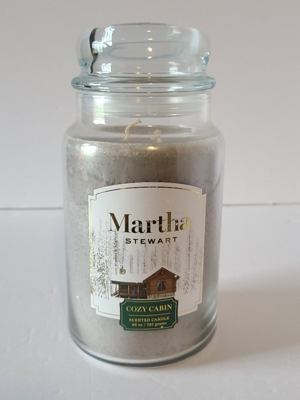 MARTHA STEWART "COZY CABIN"SCENTED JAR CANDLE -DOUBLE WICK- SIZE 26 OZ.-NEW-GRAY